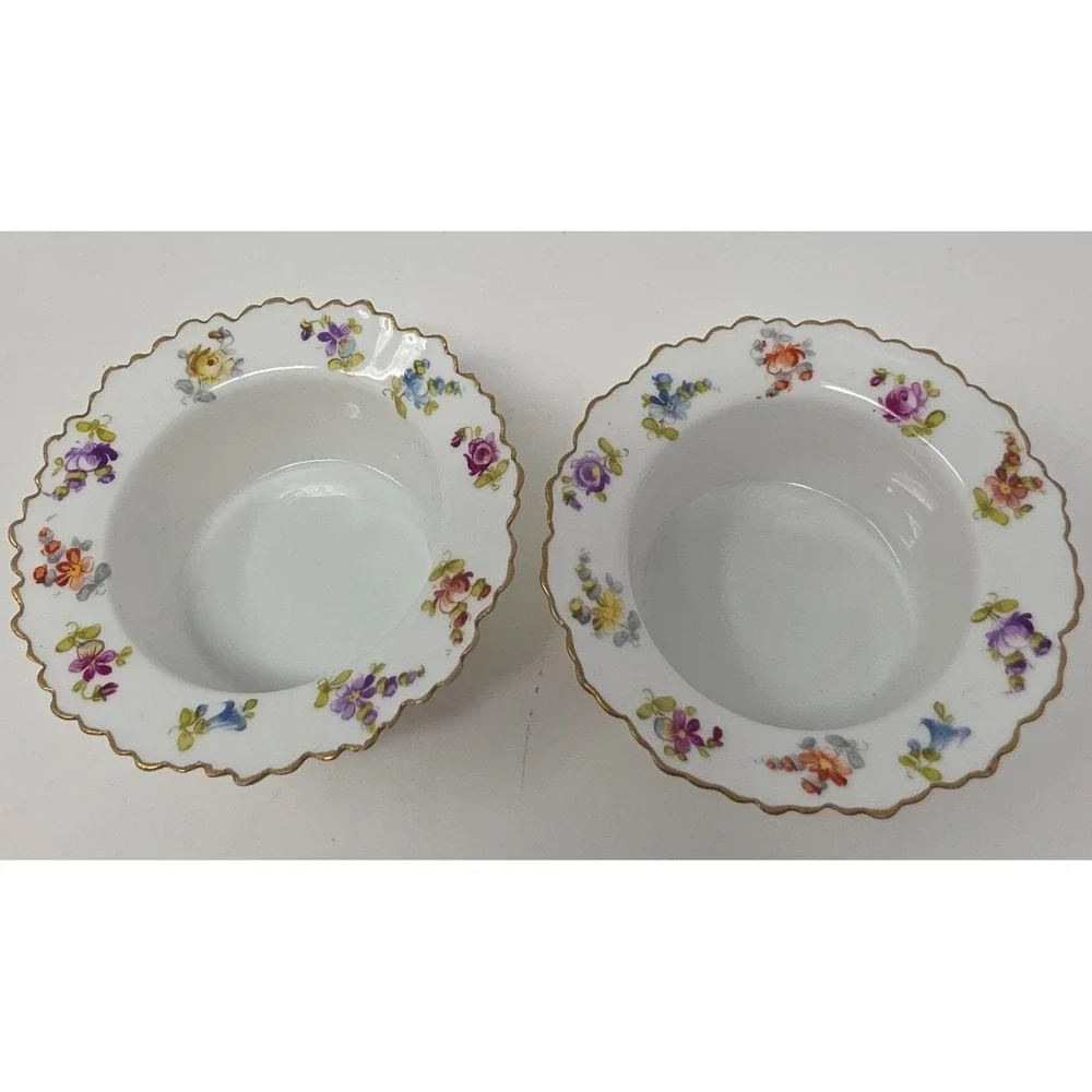 Saxe Germany Porcelain Ramekin Custard Bowls White Floral Gold Rim Lot 2 Vintage
